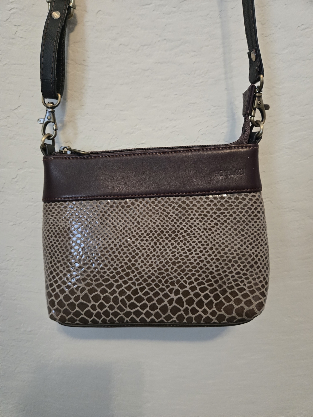 Soruka Recycled leather Snake-Print  Crossbody with Brown Trim